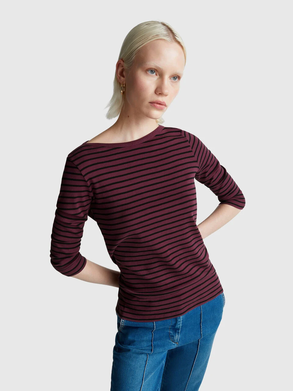 Striped 3/4 sleeve t-shirt in pure cotton