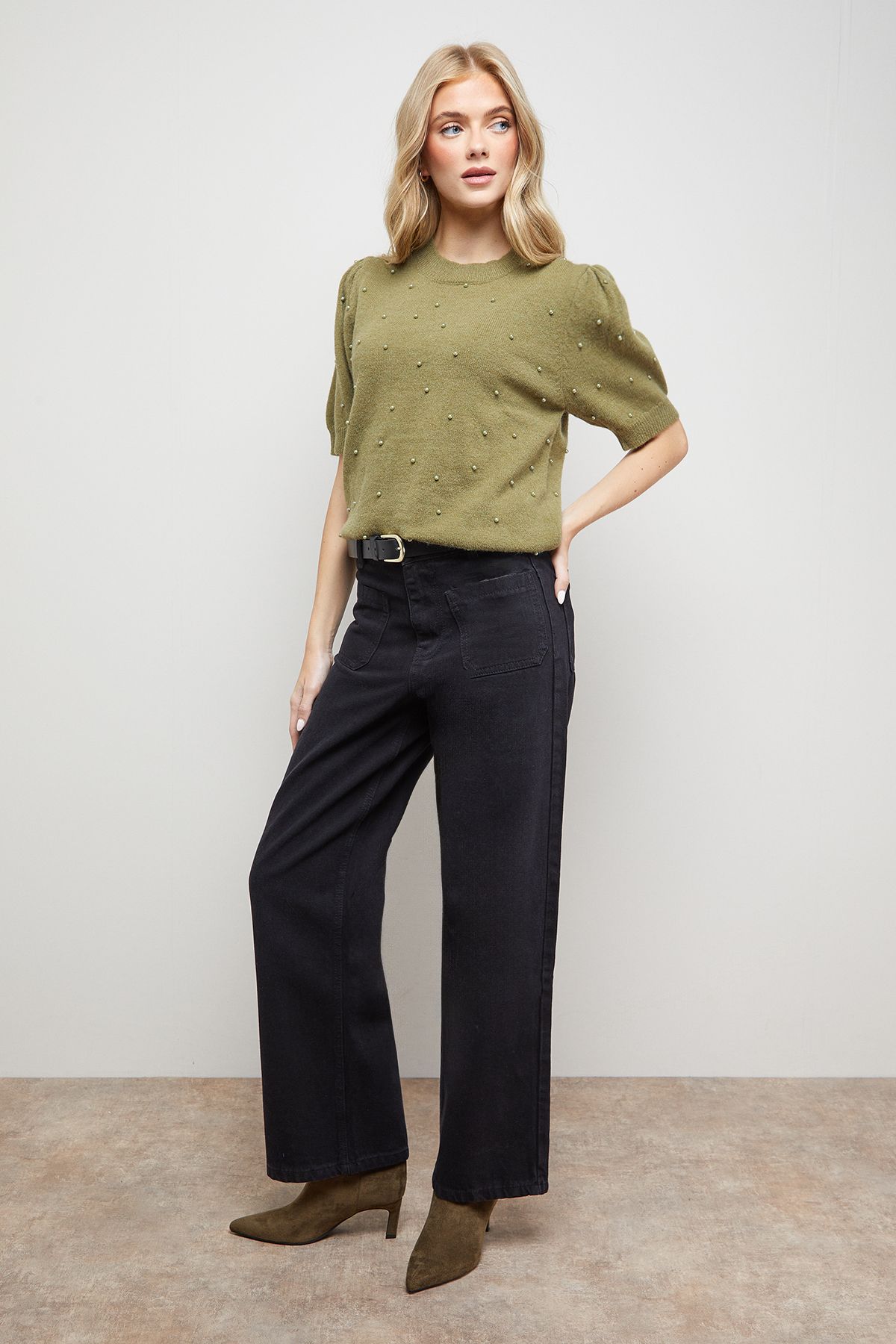 Oasis Pearl Embellished Crew Neck Puff Sleeve Knit Top