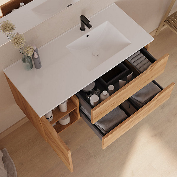 Meuble sous vasque seul, 2 tiroirs et 1 porte, 120cm, vasque déportée droite - tabaco (bois foncé) - ZARZA