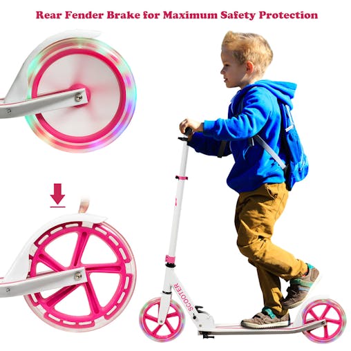 NNECW Folding Kick Push Scooter with Flashing LED Wheels-Pink