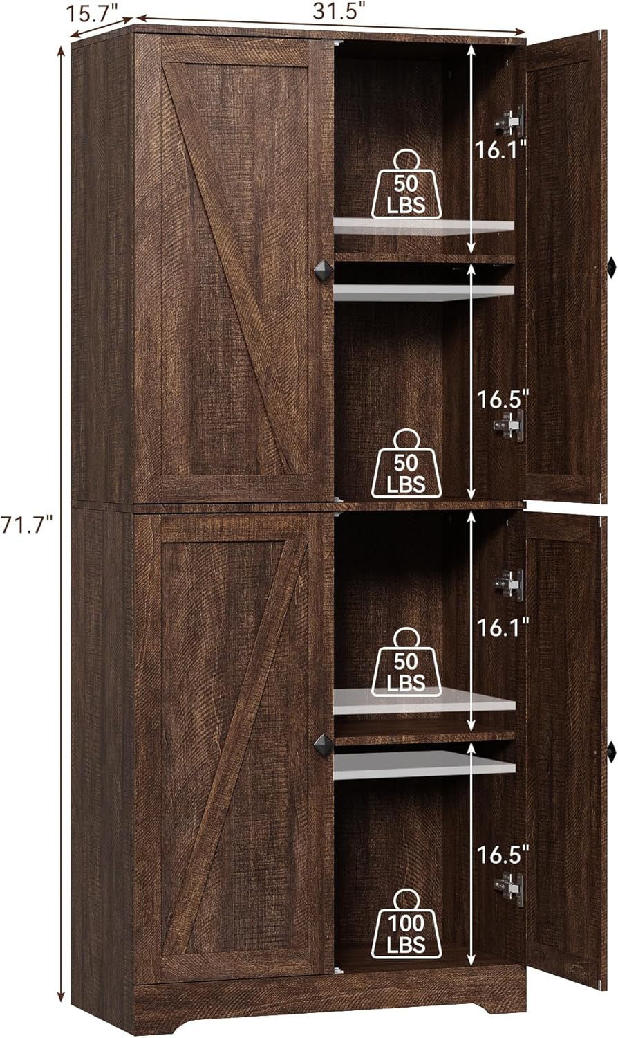 LYNSOM Farmhouse Storage Cabinet Set of 2, 72 Tall Kitchen Pantry Cabinet with 4 Barn Doors and Adjustable Shelves, Freestanding Storage Cabinets for Kitchen, Brown