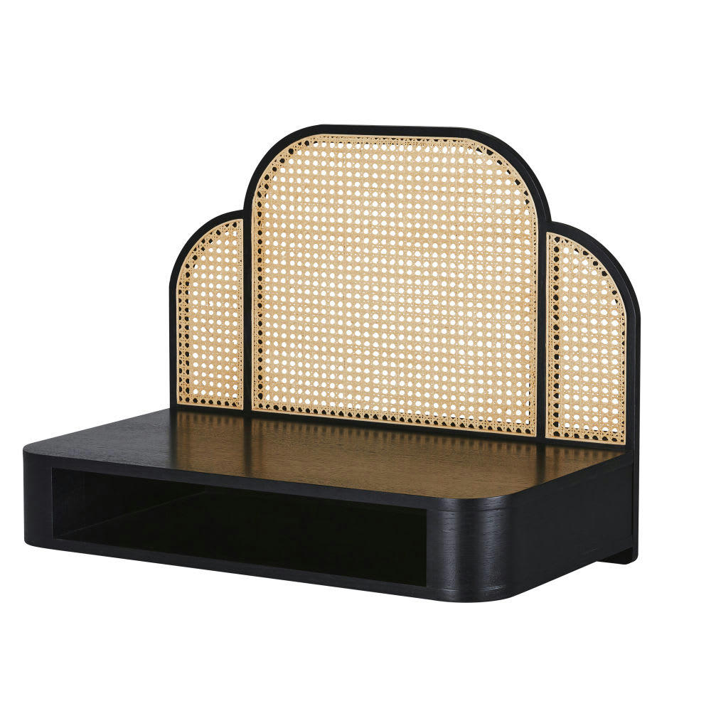 Loreto Business - Bureau mural professionnel noir et cannage en rotin L90