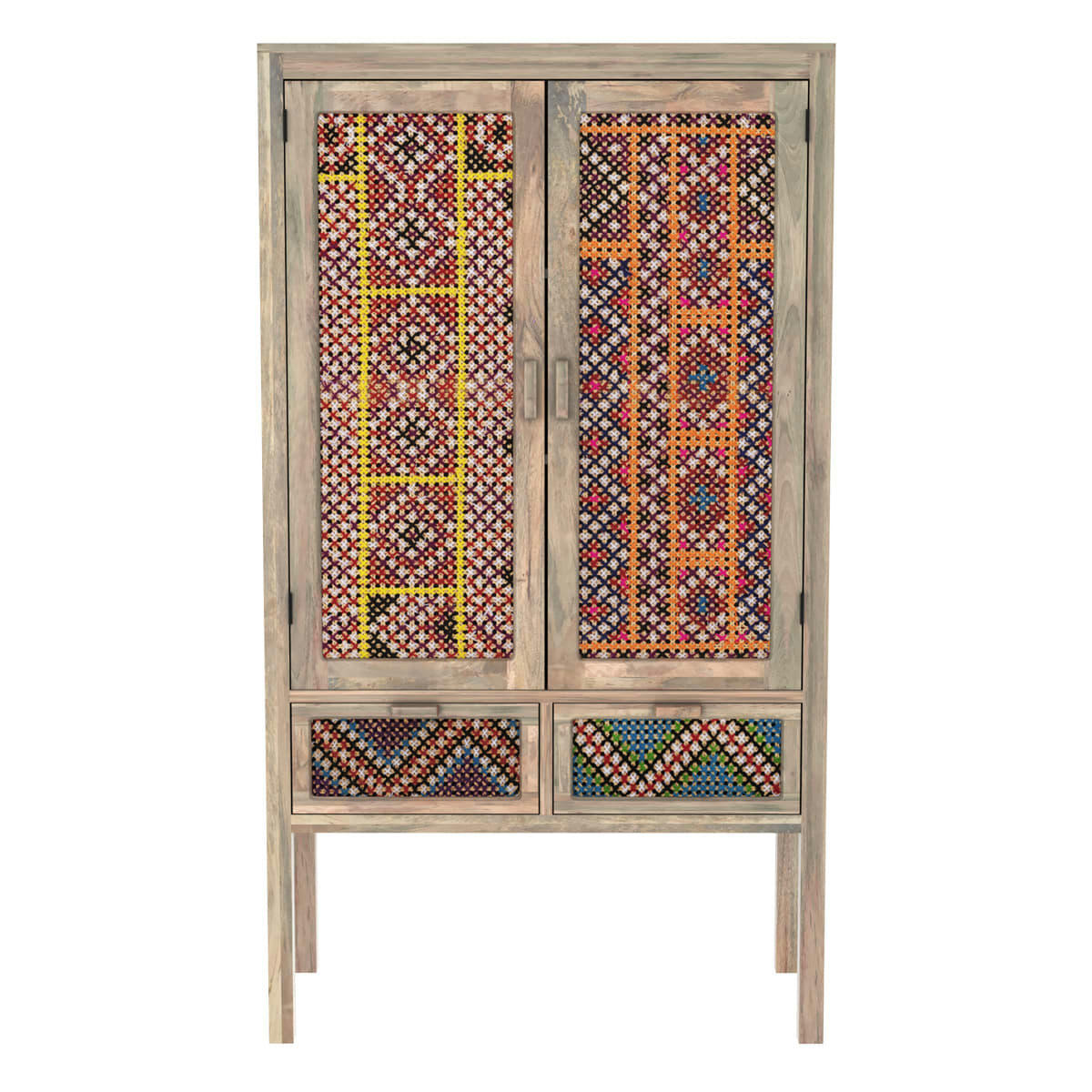 MASSAÏ - Armoire 2 portes 2 tiroirs en manguier et cannage coloré