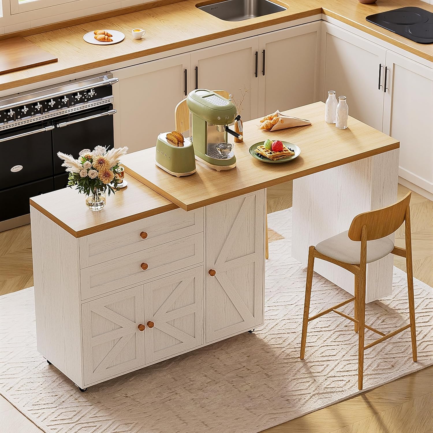 IRONCK Kitchen Island on Wheels with Storage, 71in Mobile Kitchen Cart with 3 Shelves and Drawers, Rolling Island with 360°Rotating Tabletop and Spice Rack, White