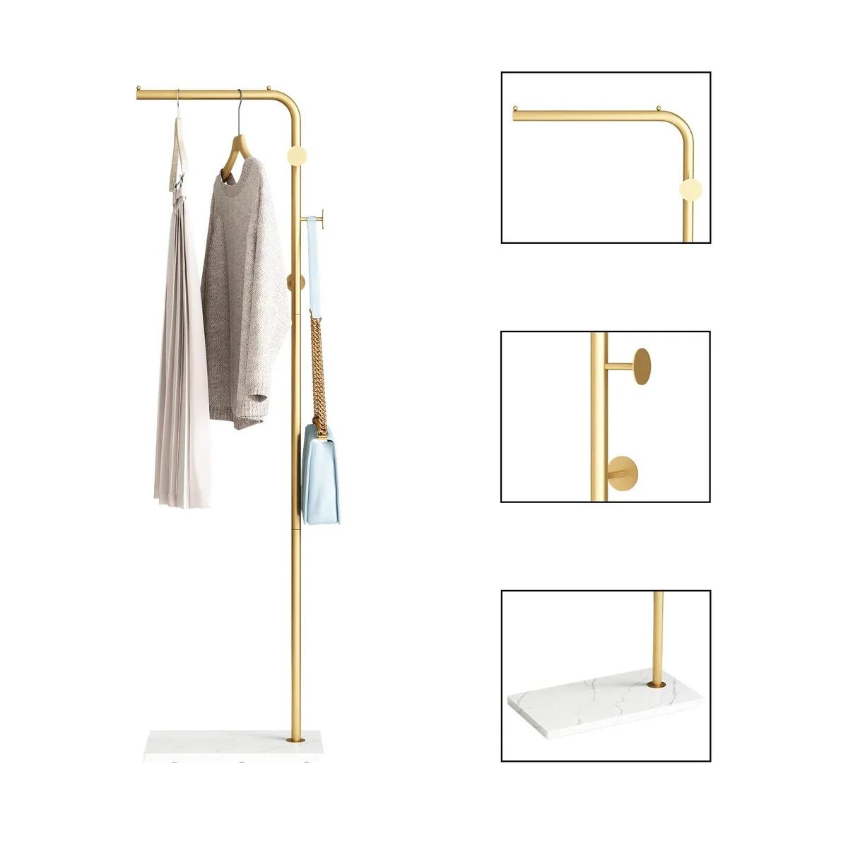 Gold Coat Racks with White Base, Entryway Coats Racks Freestanding with 3 Hooks, L Shape Home Coat Hanger