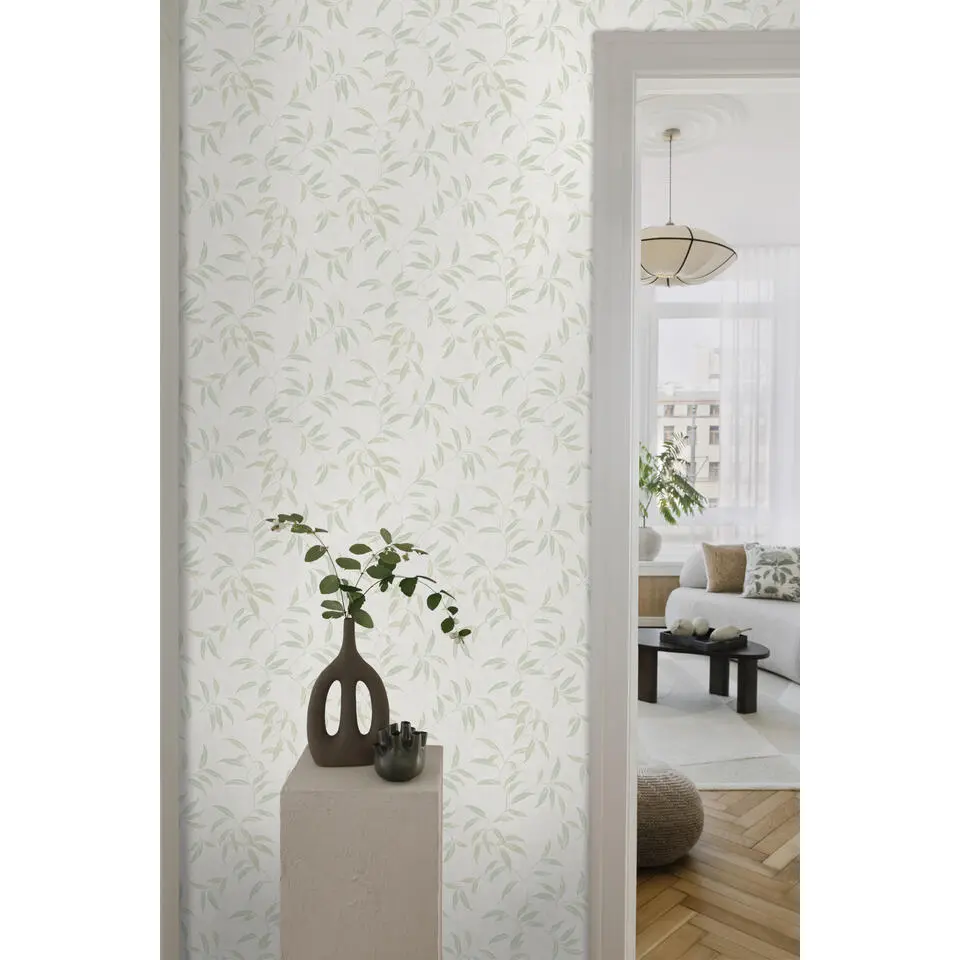 Sanders & Sanders behang bladeren vergrijsd groen - 53 cm x 10 m