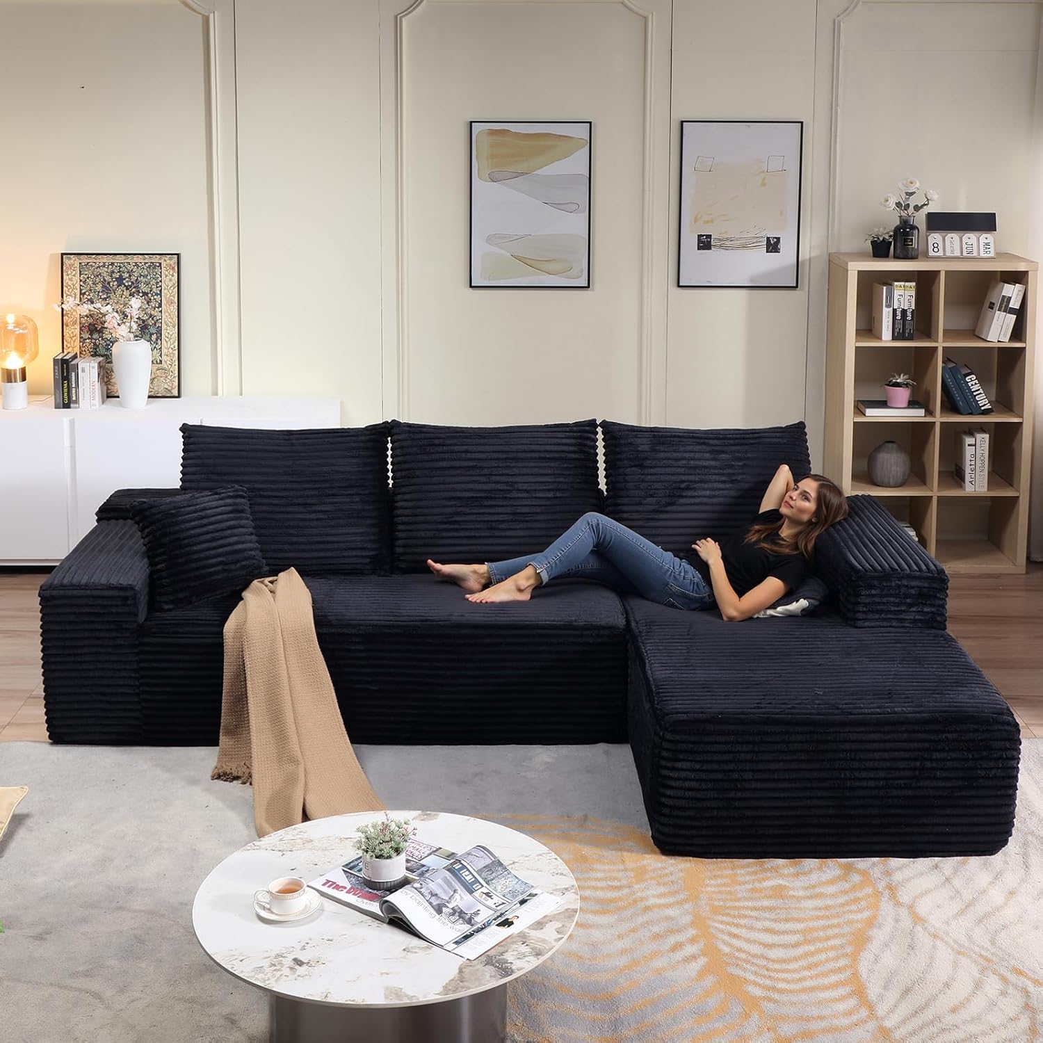 107 Modular Sectional Couches for Living Room, Comfy Boneless L Shaped Cloud Couch with Chaise Lounge, Modern Cozy Corduroy Deep Seat Floor Sofa, Memory Foam, No Assembly Required, Black