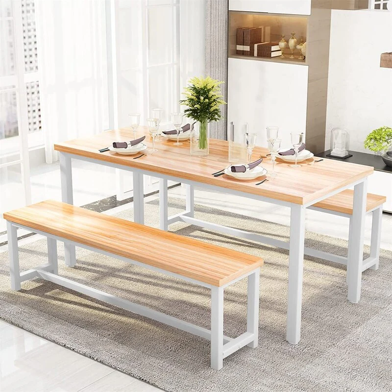 Charming Simple Style Dining Table Set with a Table and two Benches, with Foot Pad, for Kitchen, Dining Room