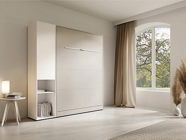 Lit escamotable vertical 160 x 200 cm - 1 colonne de rangement - Avec LEDs - Beige   Matelas - RAPILI