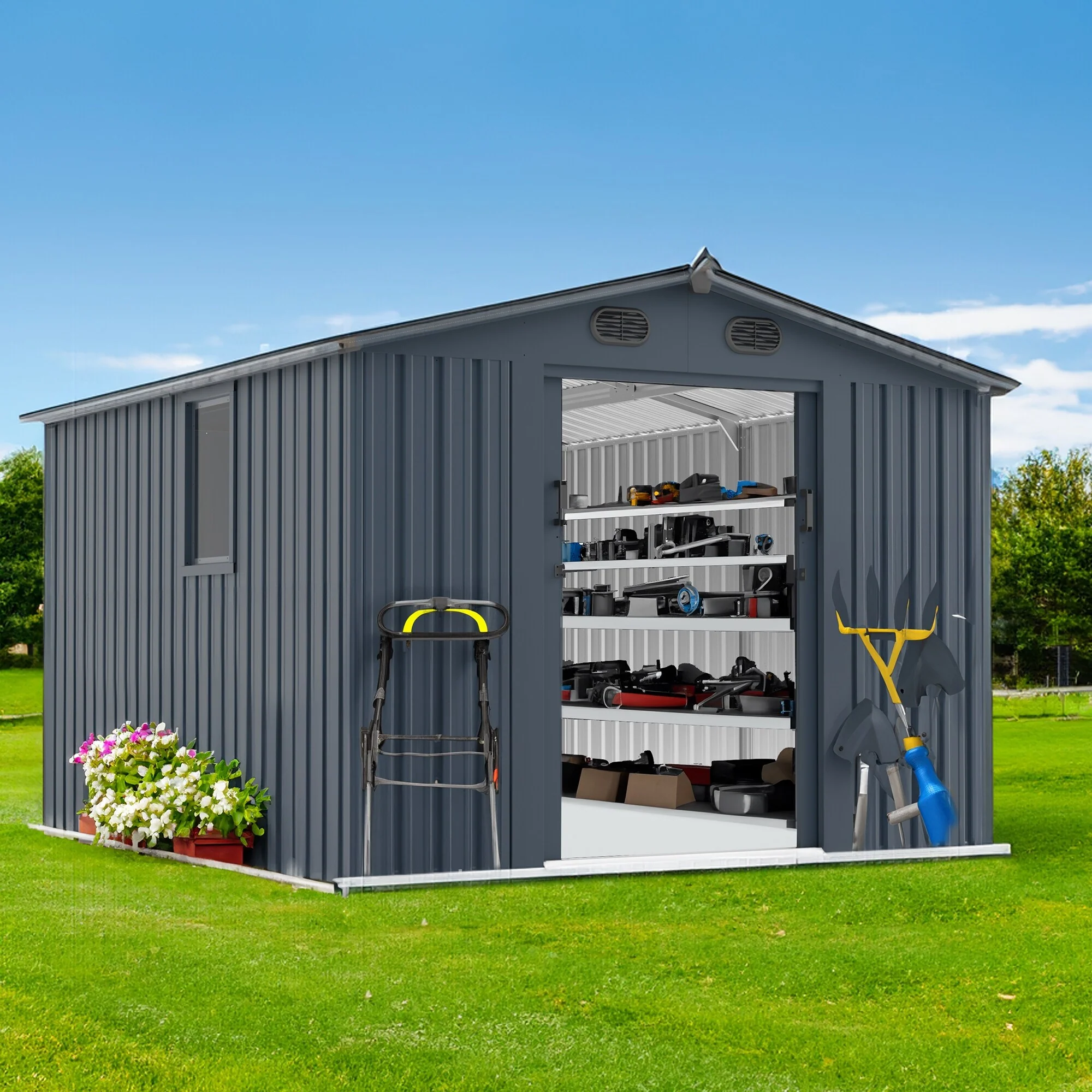 Galvanized Metal Outdoor Storage Shed Pet Shed, Waterproof Tool Shed Garden Shed with Lockable Doors & Ventilation for Outdoor