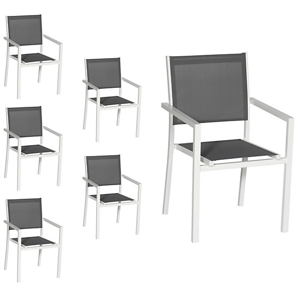 Lot de 6 chaises en aluminium blanc - textilène gris - HAPPY GARDEN