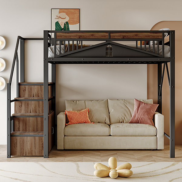 Lit Mezzanine Métal 140x200 cm avec Fenêtre et Garde-Corps - Noir, Sans Matelas