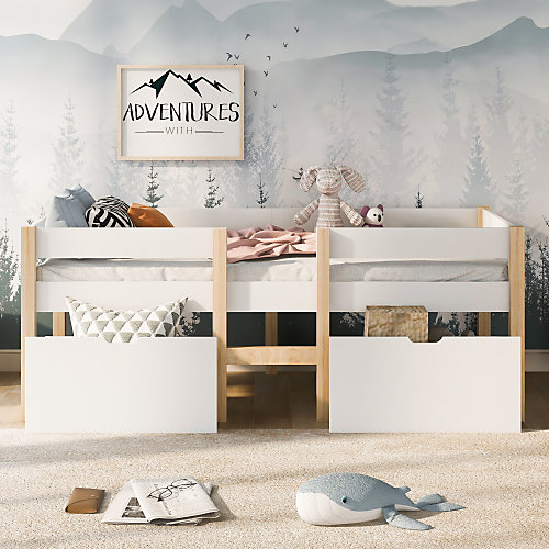 Lit mezzanine 90x200 cm en pin massif avec tiroirs - Blanc (sans matelas)