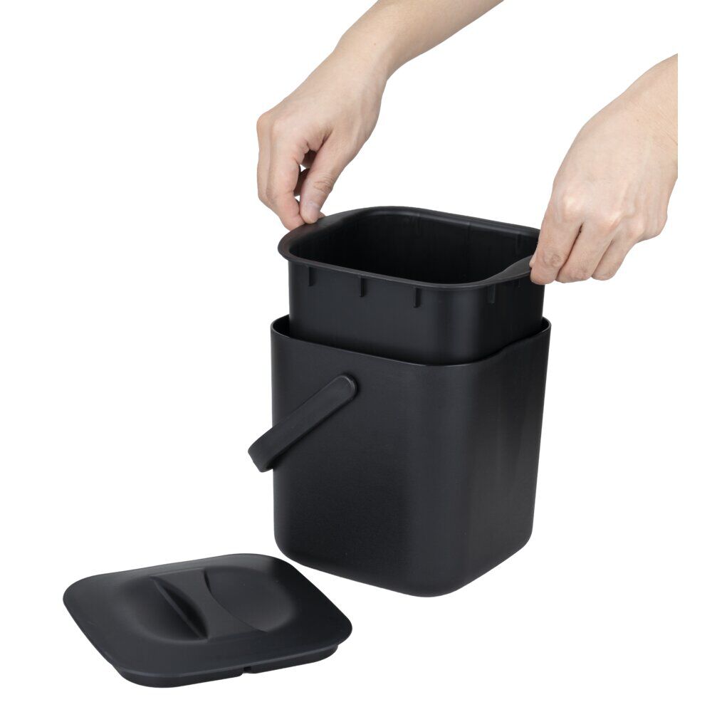Bac à compost format cuisine 3L avec panier et poignée plastique noir 19x18xH18cm