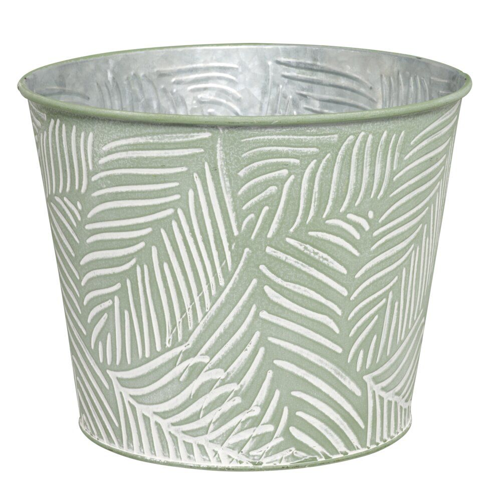 Pot en zinc avec feuillage relief vert et blanc petit modèle Ø21xH17cm