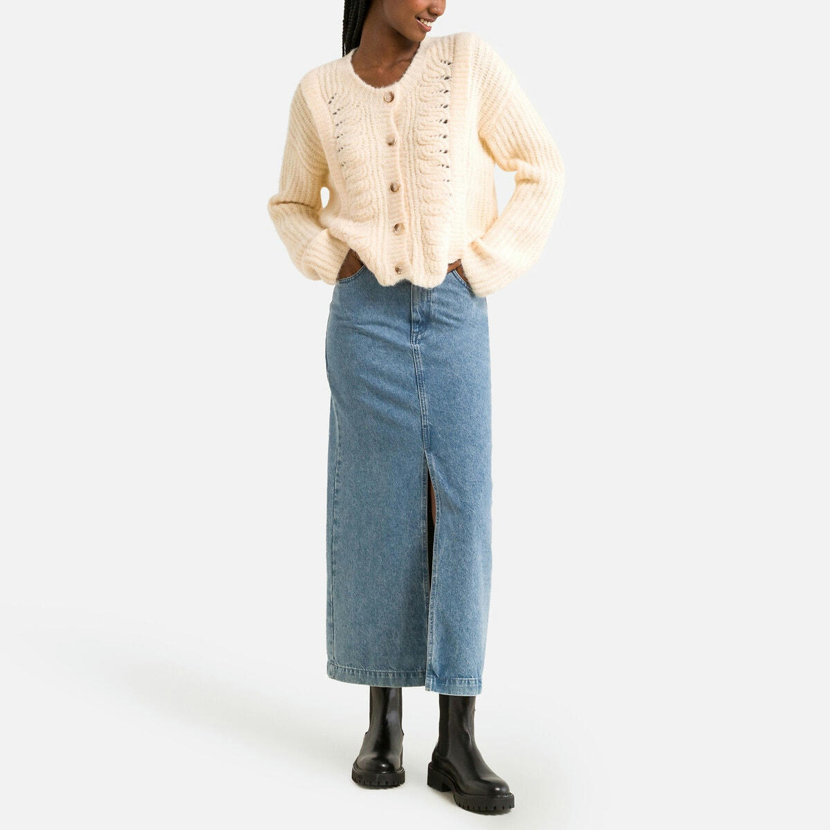 Cardigan col rond, en maille ajourée