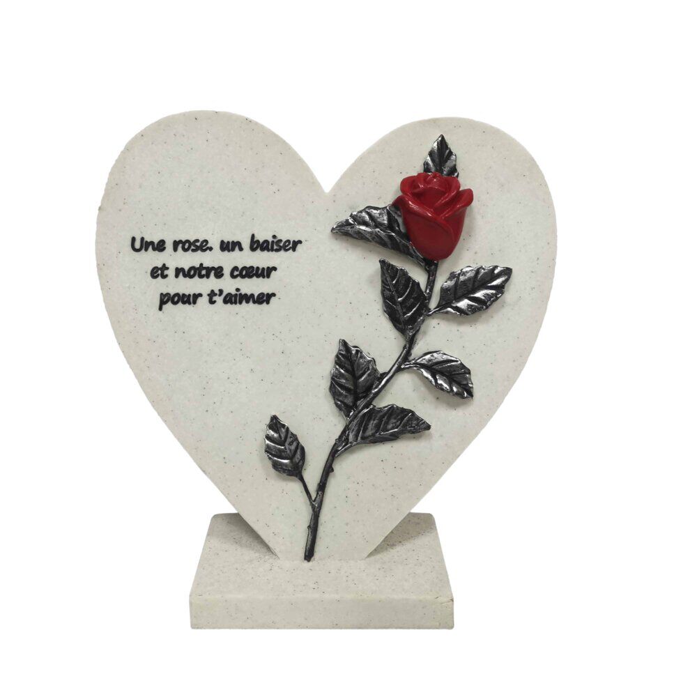 Plaque funéraire forme coeur avec rose et message H23cm