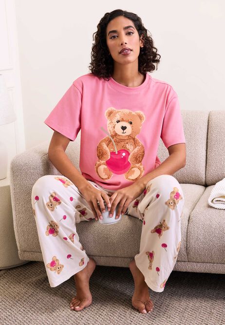 Womens Pink Cherry Teddy Bear Pyjama Set