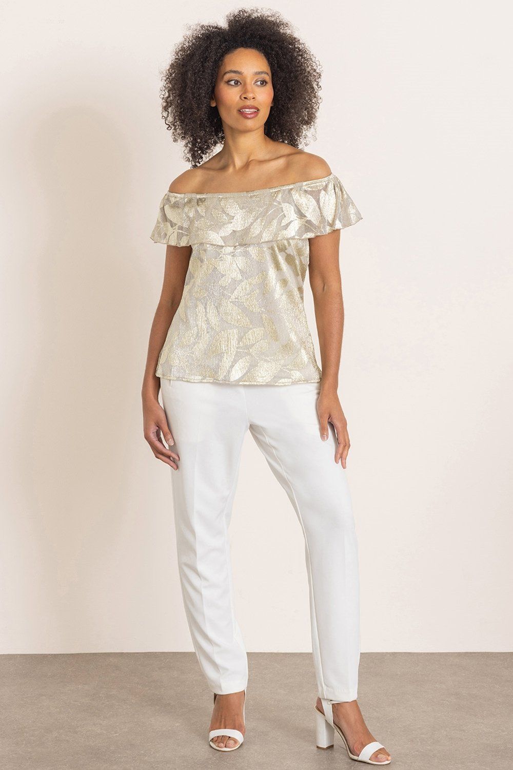 Klass. Metallic Leaf Print Bardot Top