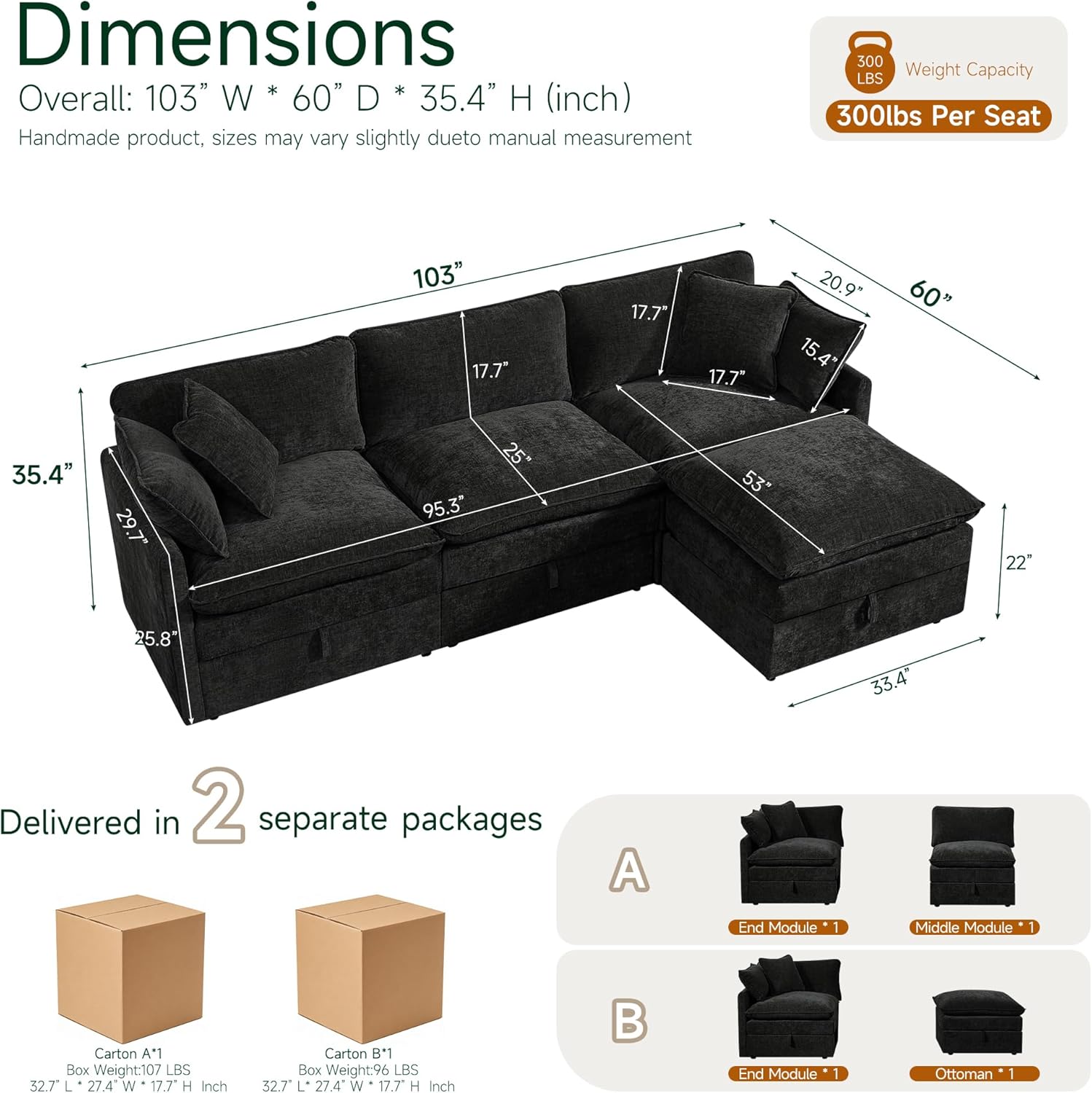 Modular Sofa with Storage, 103 L Shape Sectional Cloud Couch, Comfy Fabric Couch with Movable Ottoman, 4 Seat Modern Deep Seat Sofa for Living Room (Black Chenille)
