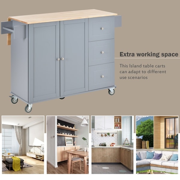 52.7" Rolling Mobile Kitchen Island Kitchen Cart with Locking Wheels & Solid Wood Top Drop Leaf Dining Cart,Grey