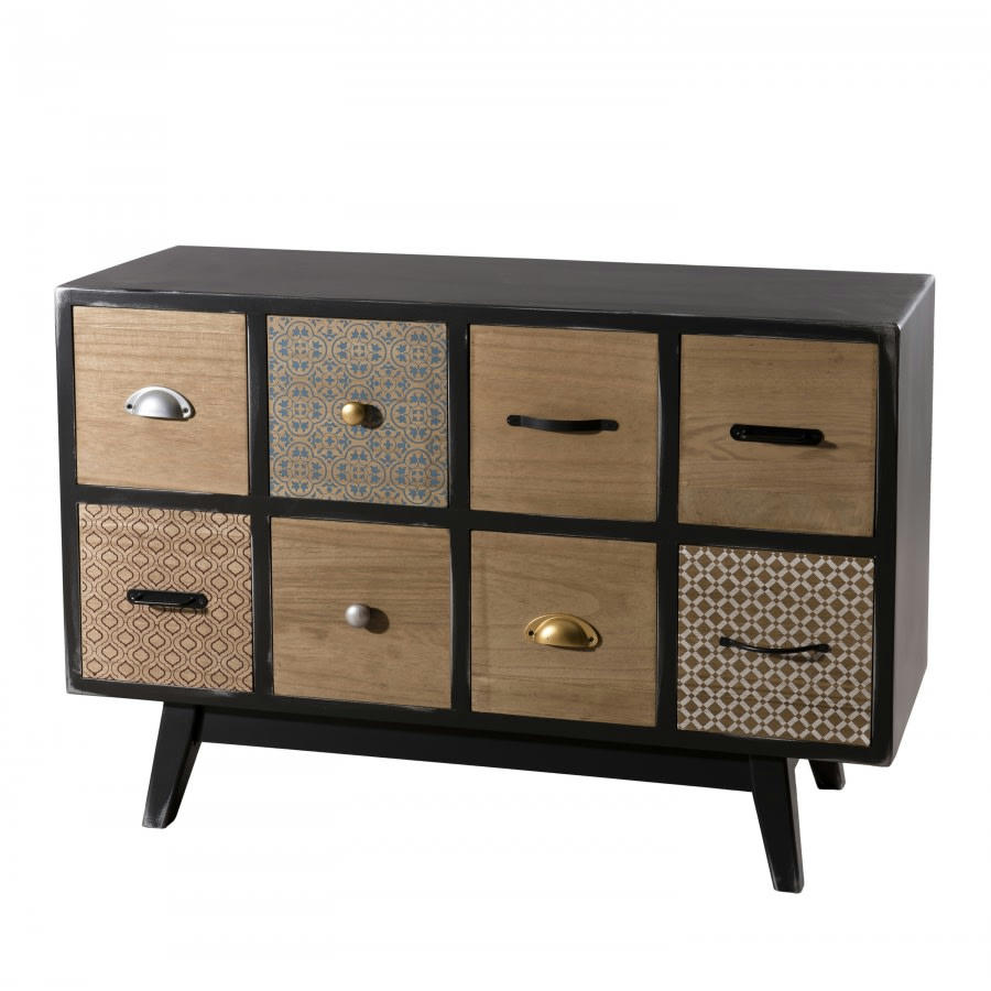 ROMAIN - Commode noire 8 tiroirs motifs pin marron
