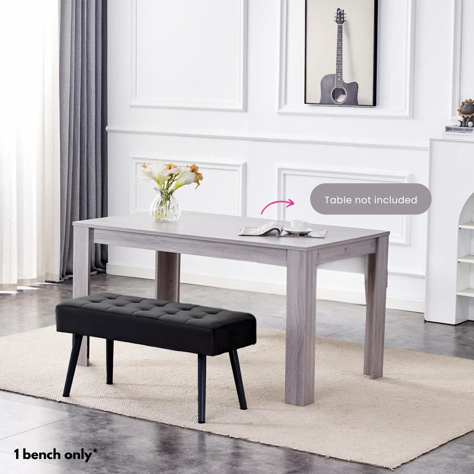 KOSY KOALA Black Velvet Padded Dining Bench with Metal Legs 90 cm Length, Dining Room Furniture
