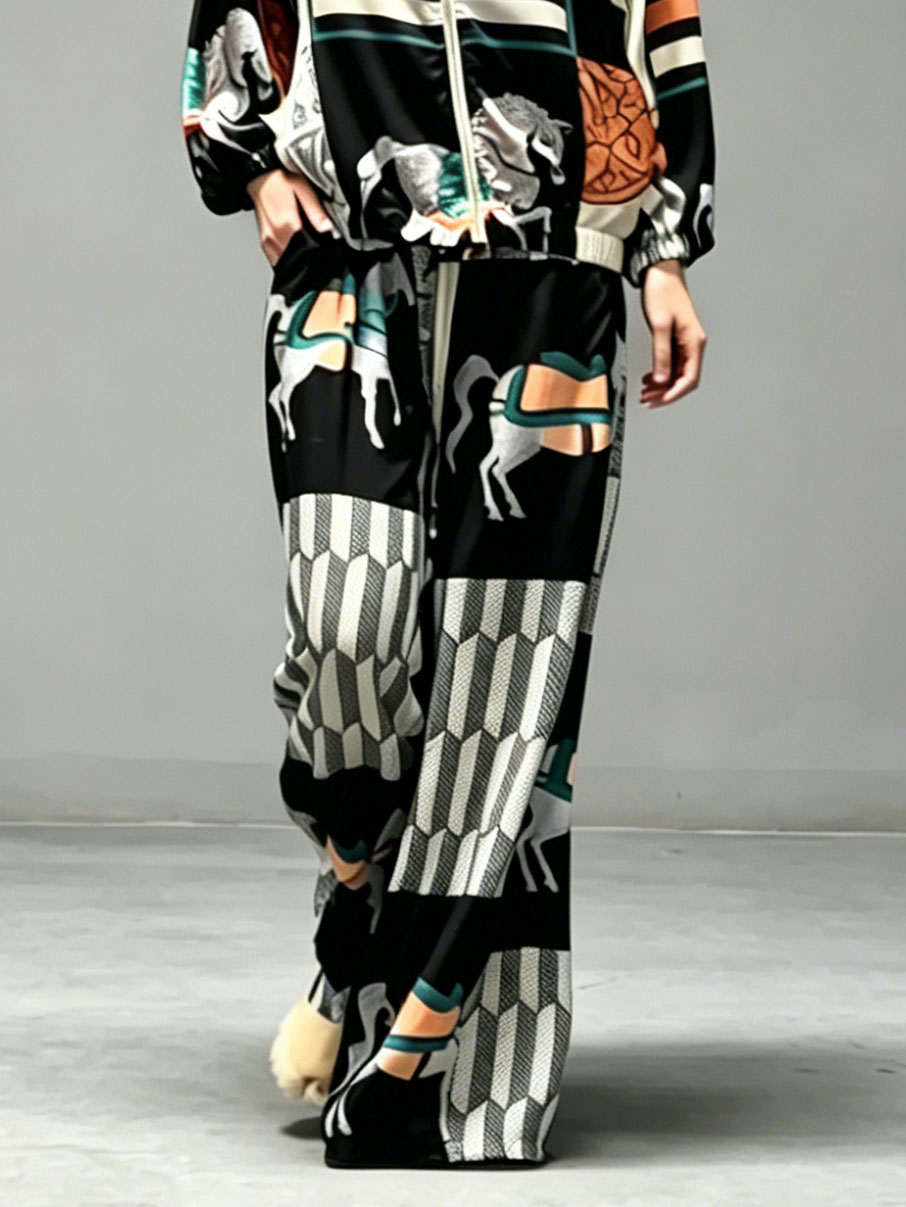 Casual Art Print Wide-Leg Pants