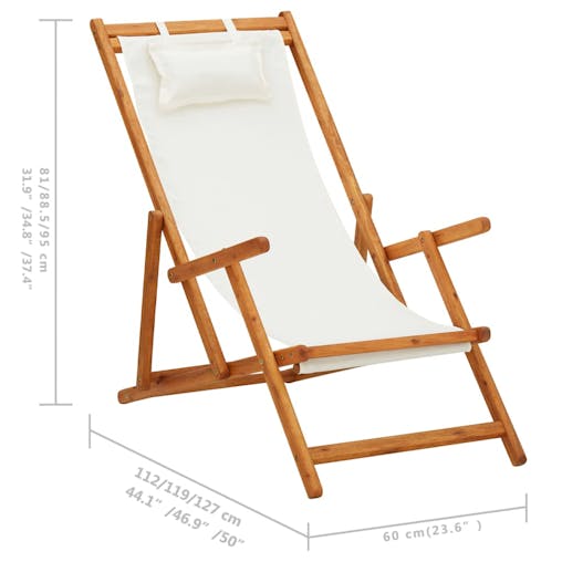 NNEVL Folding Beach Chair Solid Eucalyptus Wood and Fabric Cream