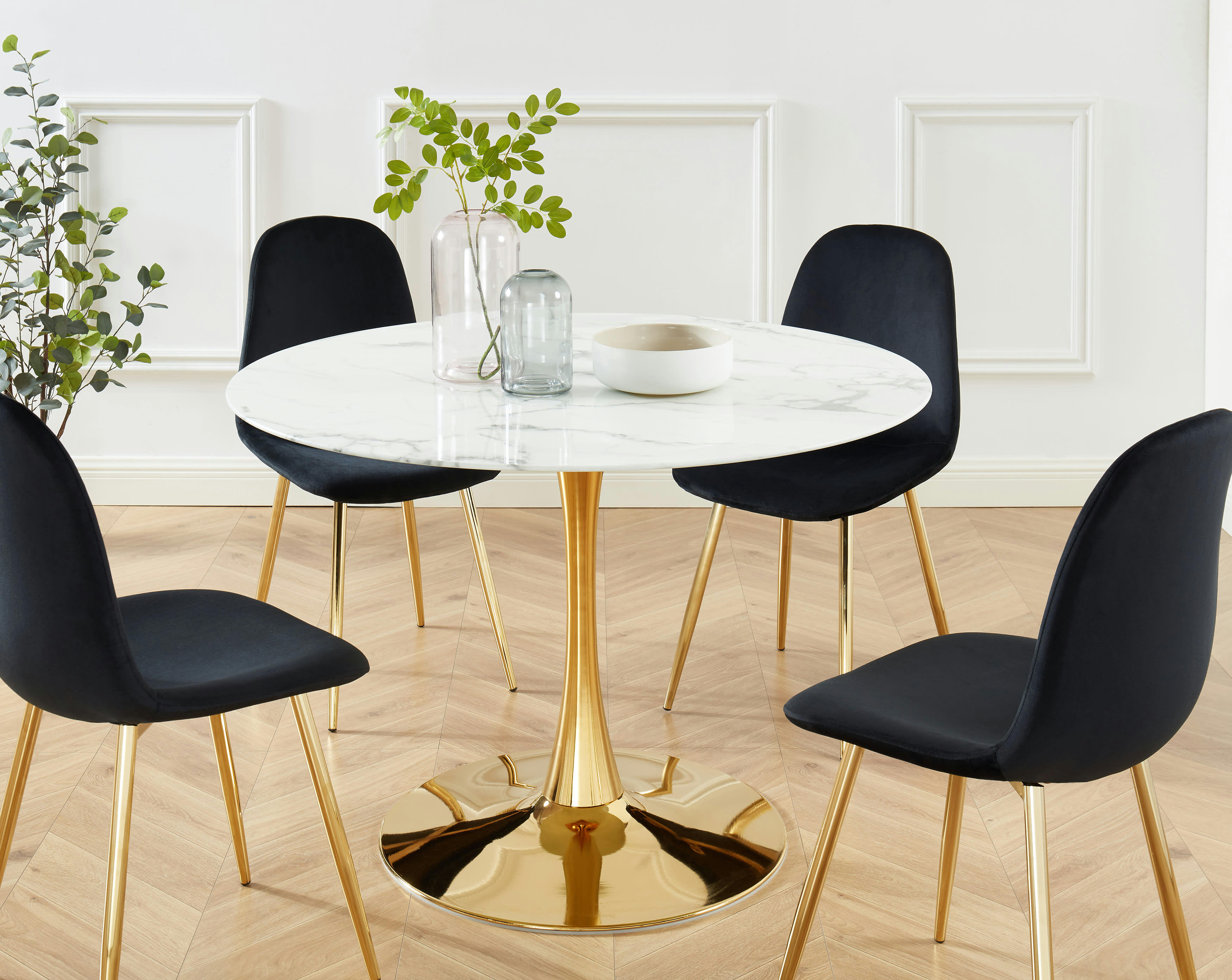 MONIKA - Table séjour  verre effet marbre  ronde 110cm pied doré