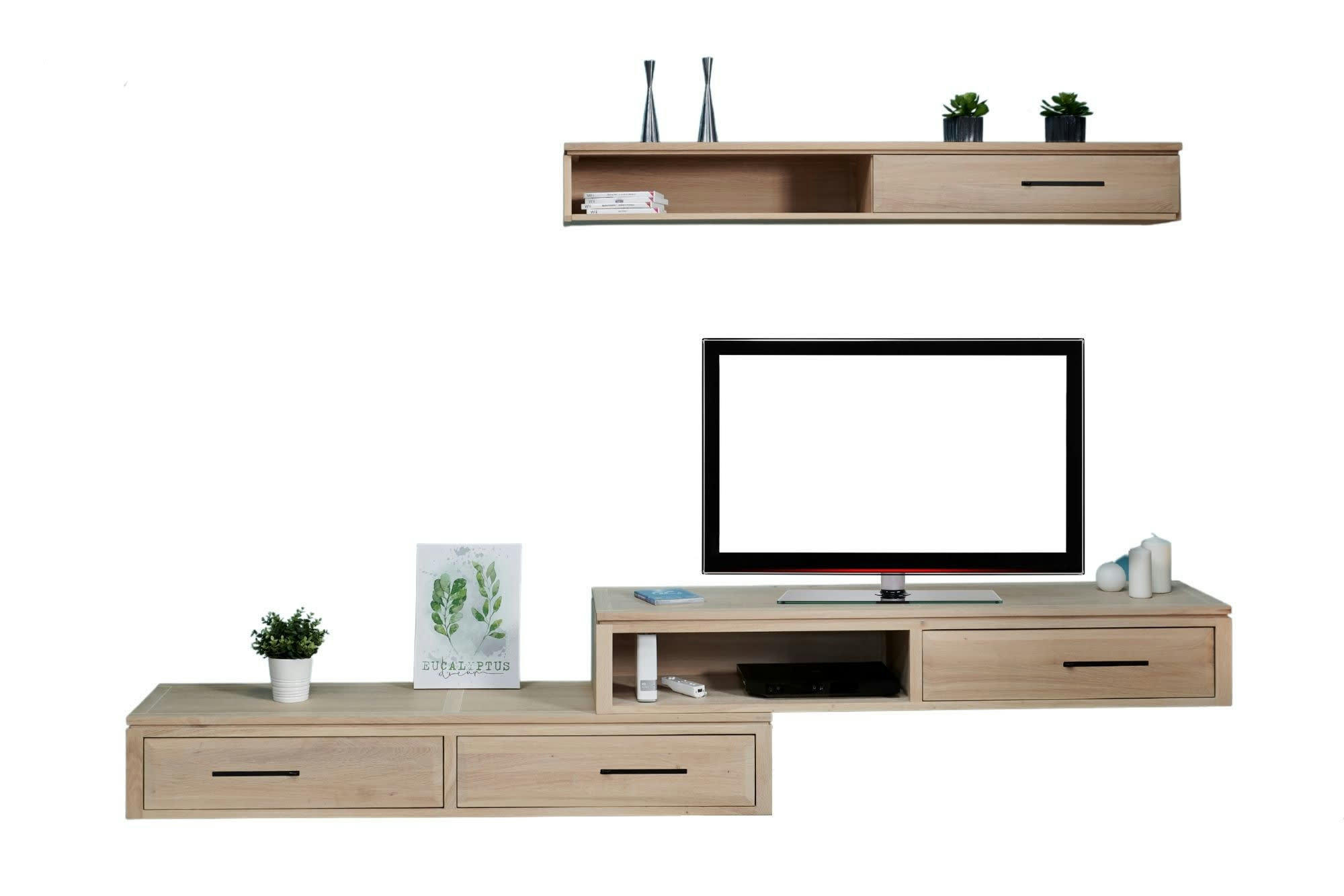 BOSTON - Ensemble meuble TV suspendu en chêne blanchi 3 éléments