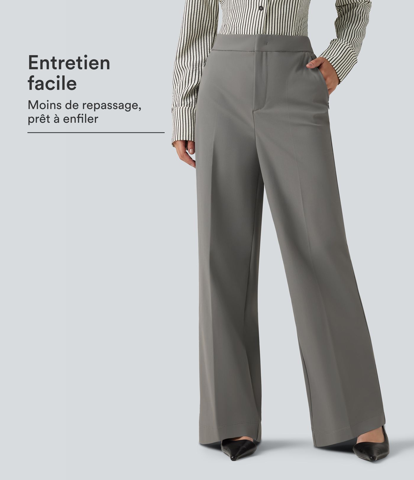 Pantalon de bureau baggy défroissage facile taille haute avec poches