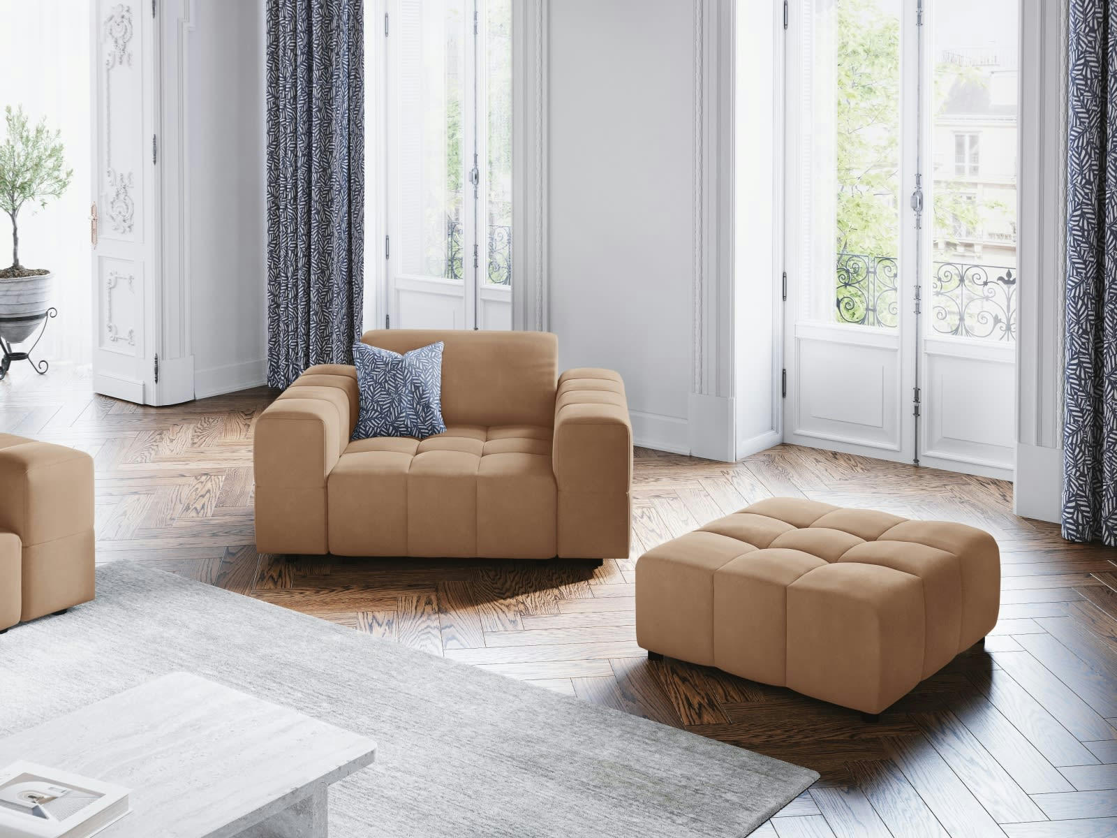 LUC - Pouf en tissu velours beige foncé