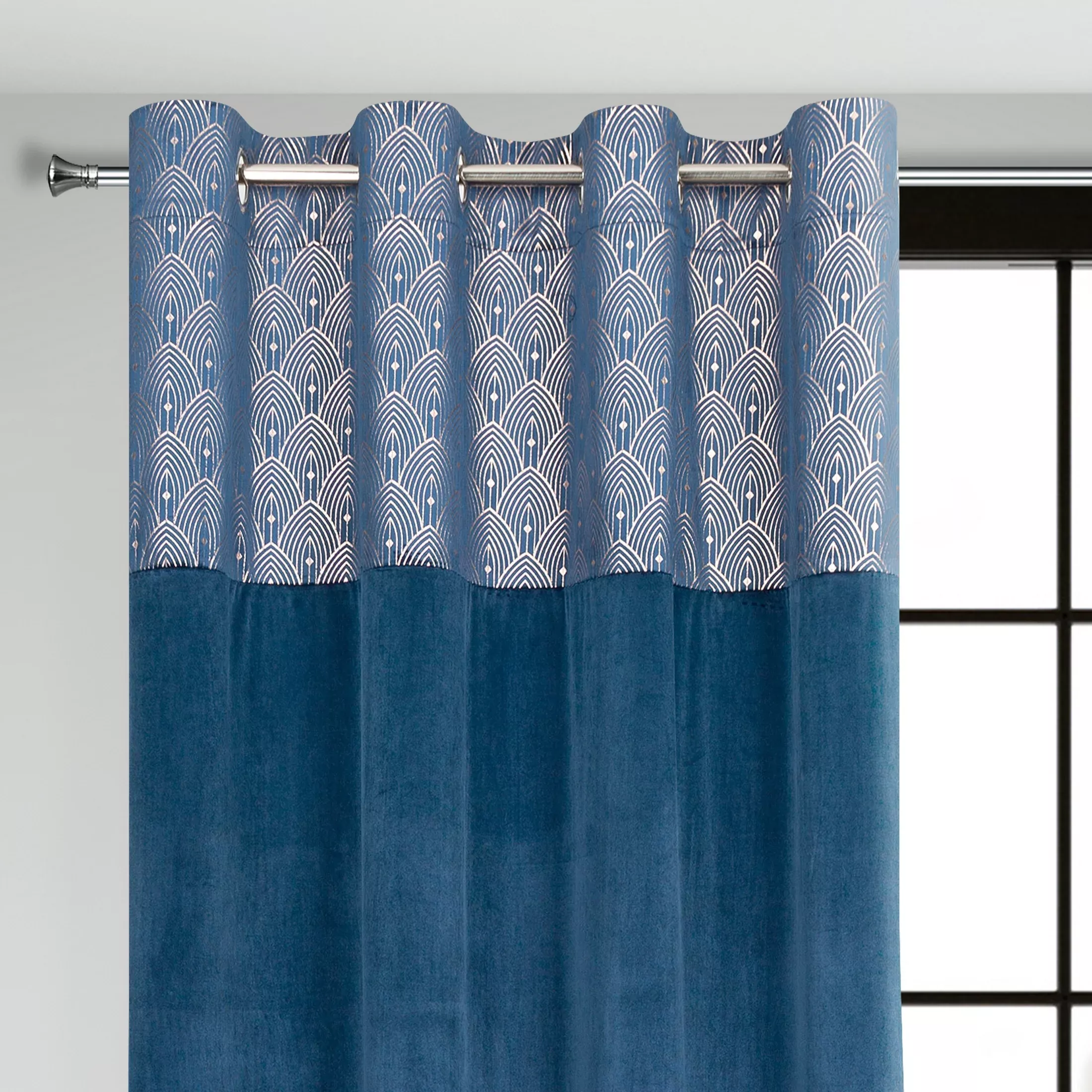 Zasłona granatowa z aplikacją z błyszczącego welwetu 140x250 cm przelotka - AGNES - Design 91