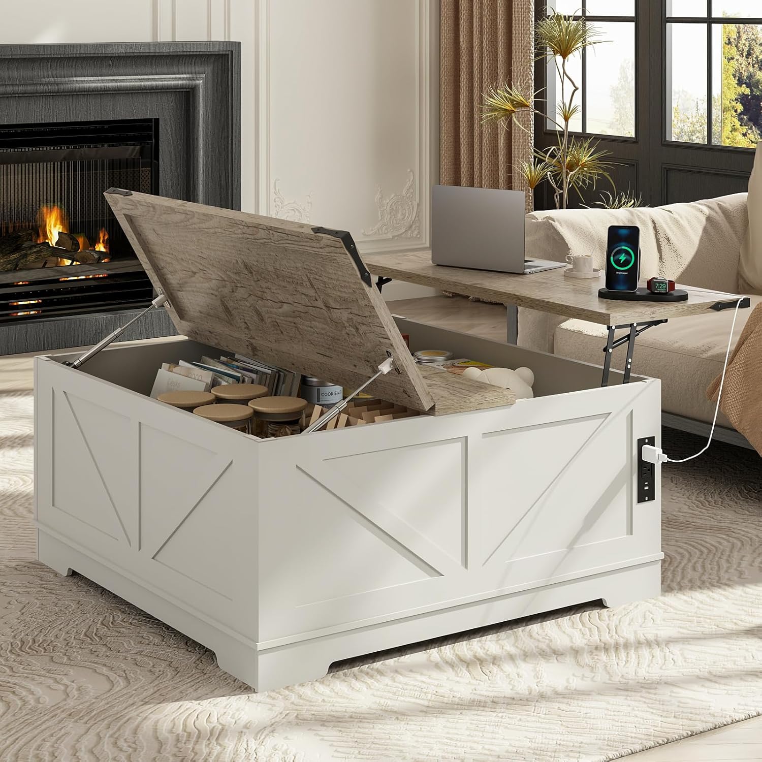 EAG 40 Large Farmhouse Lift Top Coffee Table with Hidden Compartment & Power Outlets, Square Wooden Coffee Table with Multi-Function Flip-Top Ample Storage Center Table for Living Room, White