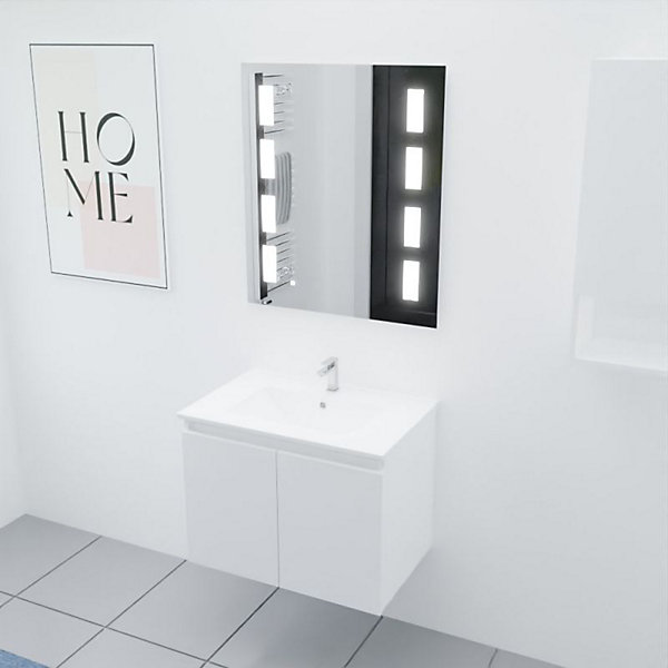 Meuble PROLINE 70 cm avec plan vasque et miroir Prestige- Blanc- Plan vasque en Céramique
