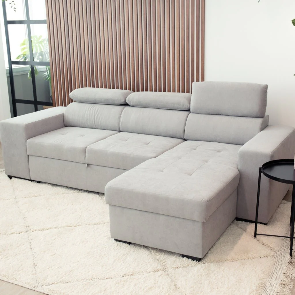 Sofá-Cama com Chaise Longue Reversível e Cabeceiras Ajustáveis Cinza Claro LINO