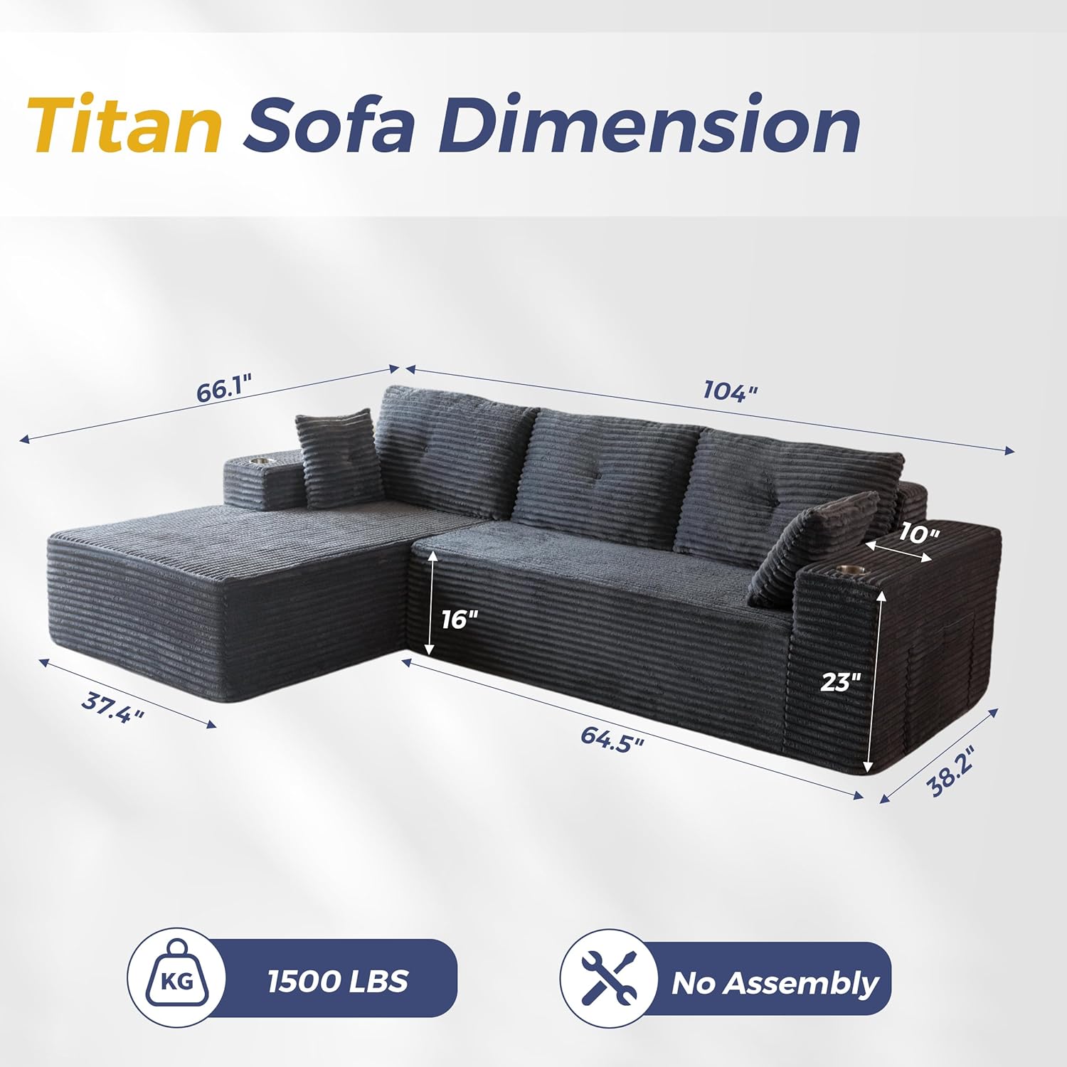 MAXYOYO 104 Modular Sectional Couch with L-Shape Chaise, Modern Boneless Couch for Living Room, Sofa in A Box, Oversized Sofa Sleeper with Deep Seat, No Assembly Required, Dark Grey