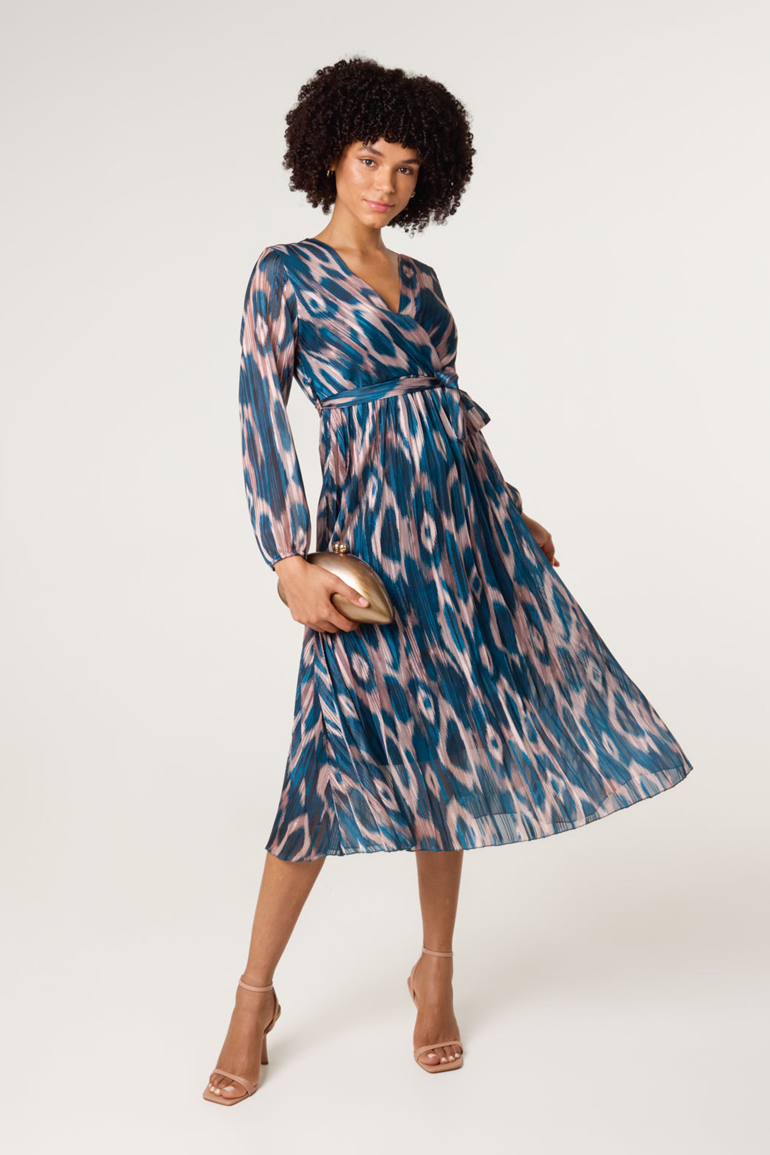 Blue Vanilla Teal Crossover Metallic Pleated Dress