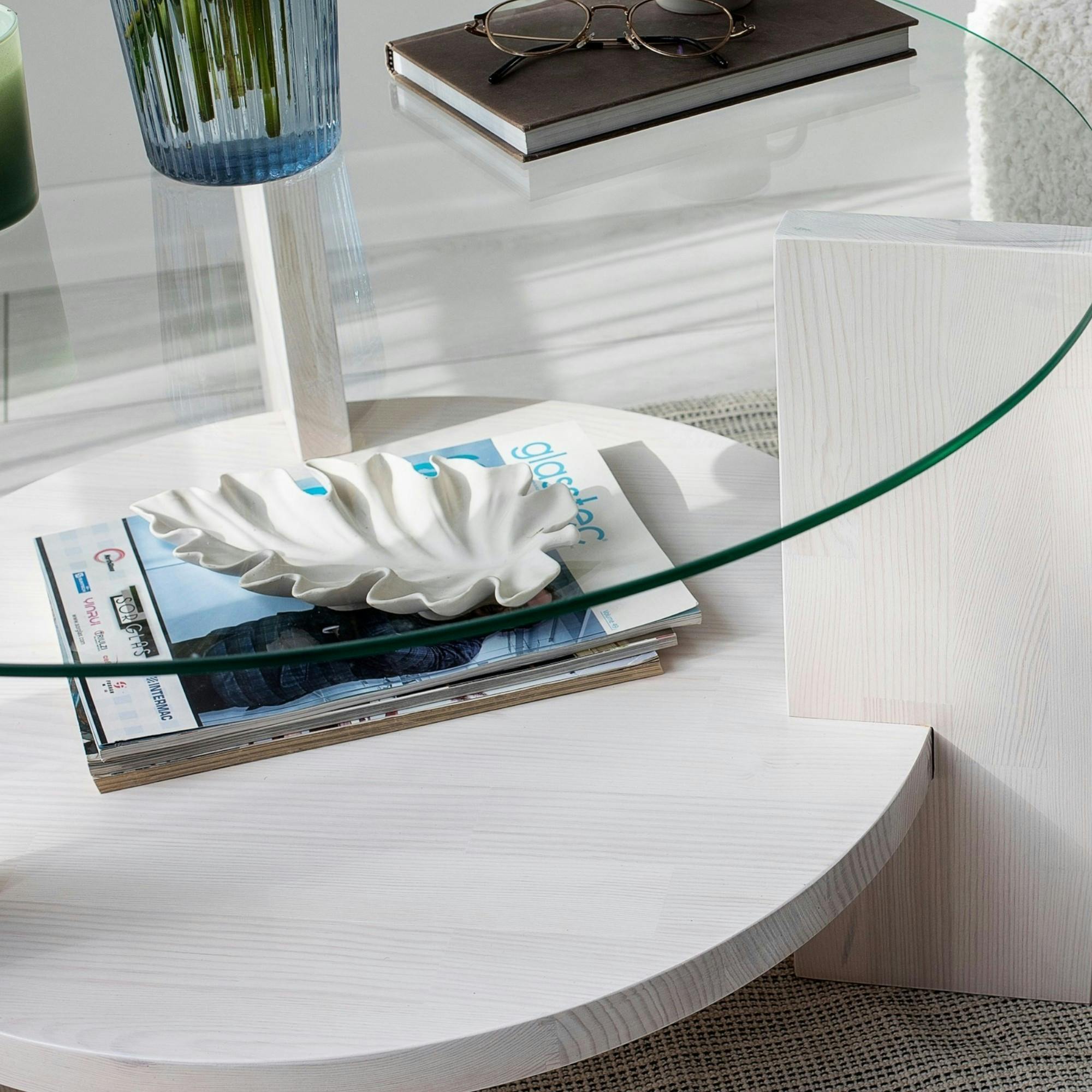 Table basse blanche ronde - verre et bois, 2 plateaux ANZIO