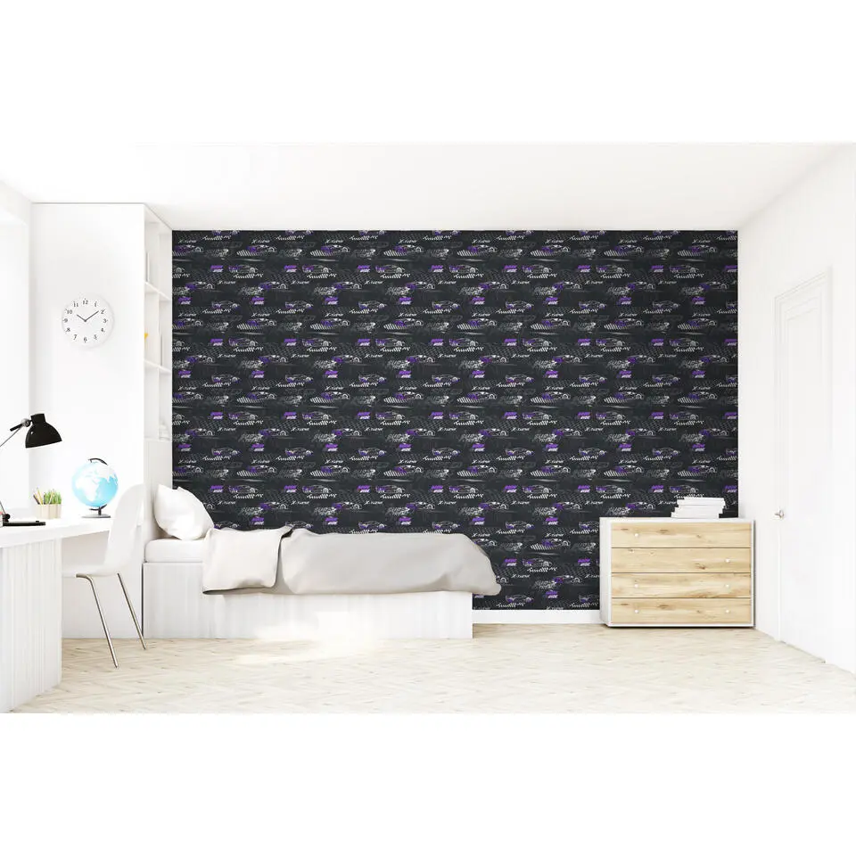 Sanders & Sanders behang race auto's paars en zwart wit - 50 x 900 cm