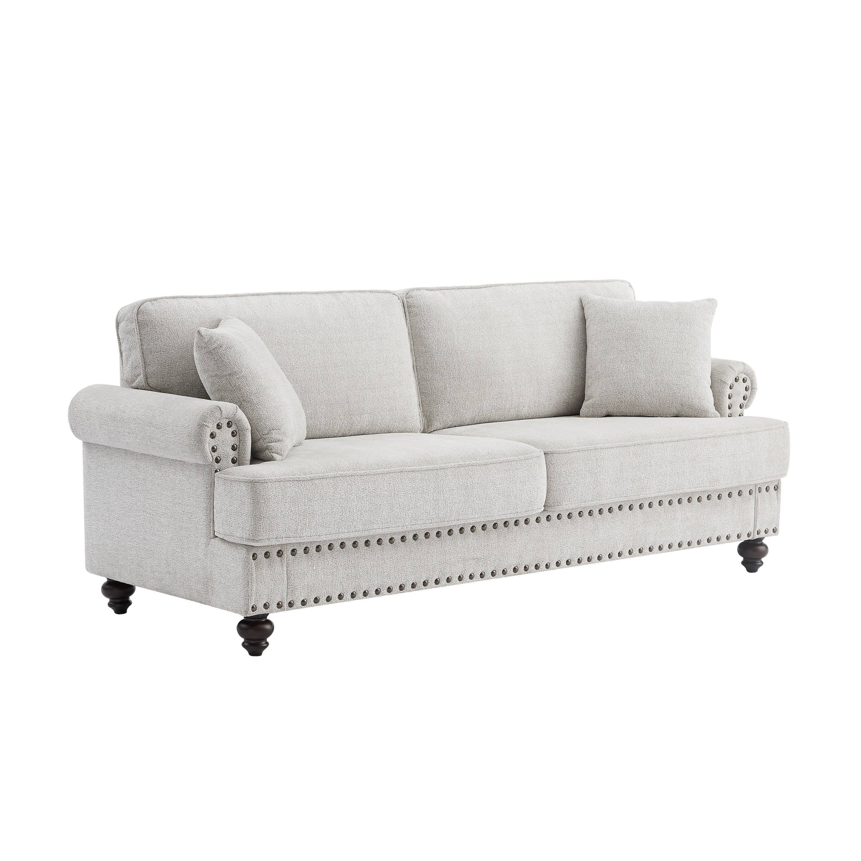 White 82'' Modern 2-Seater Upholstered Sofa with Nailhead Trim, Pillows, and Sponge Cushions