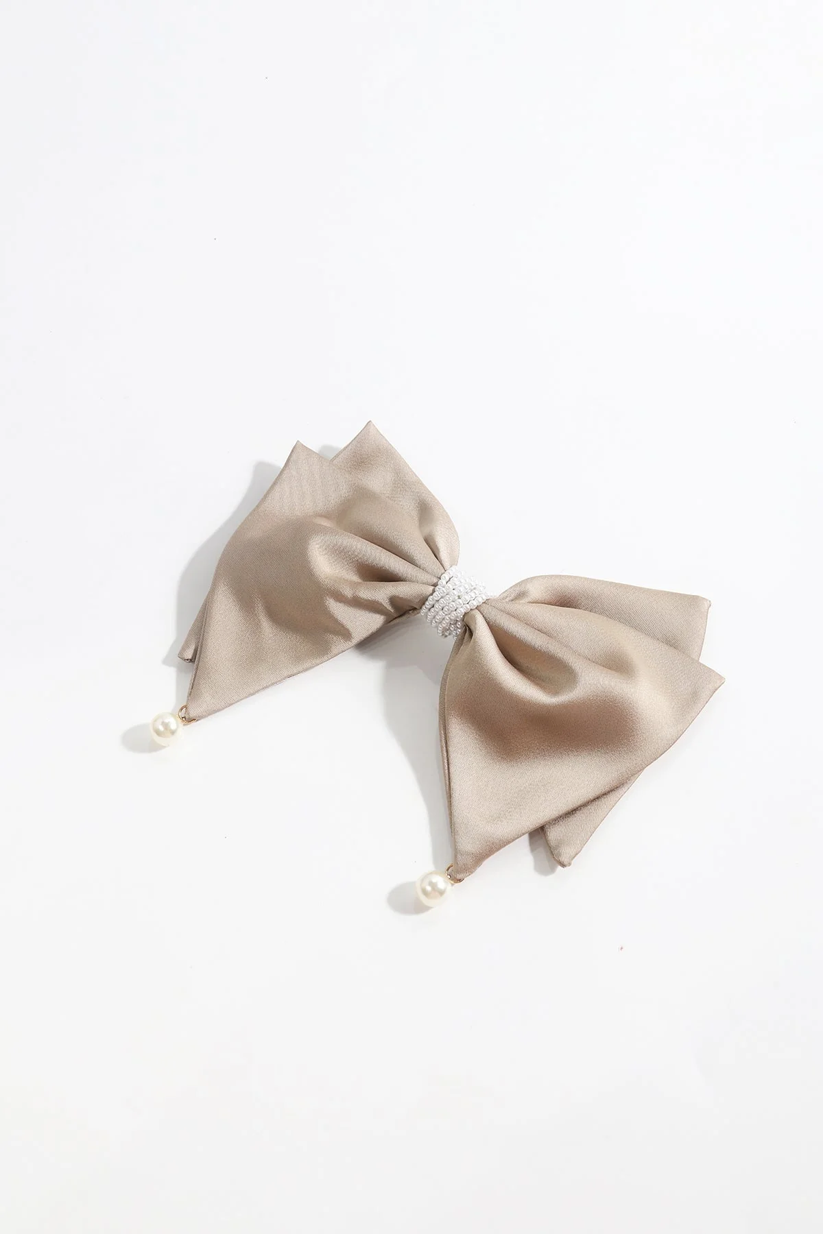 Beige Satin Pearl Bow Hair Clip