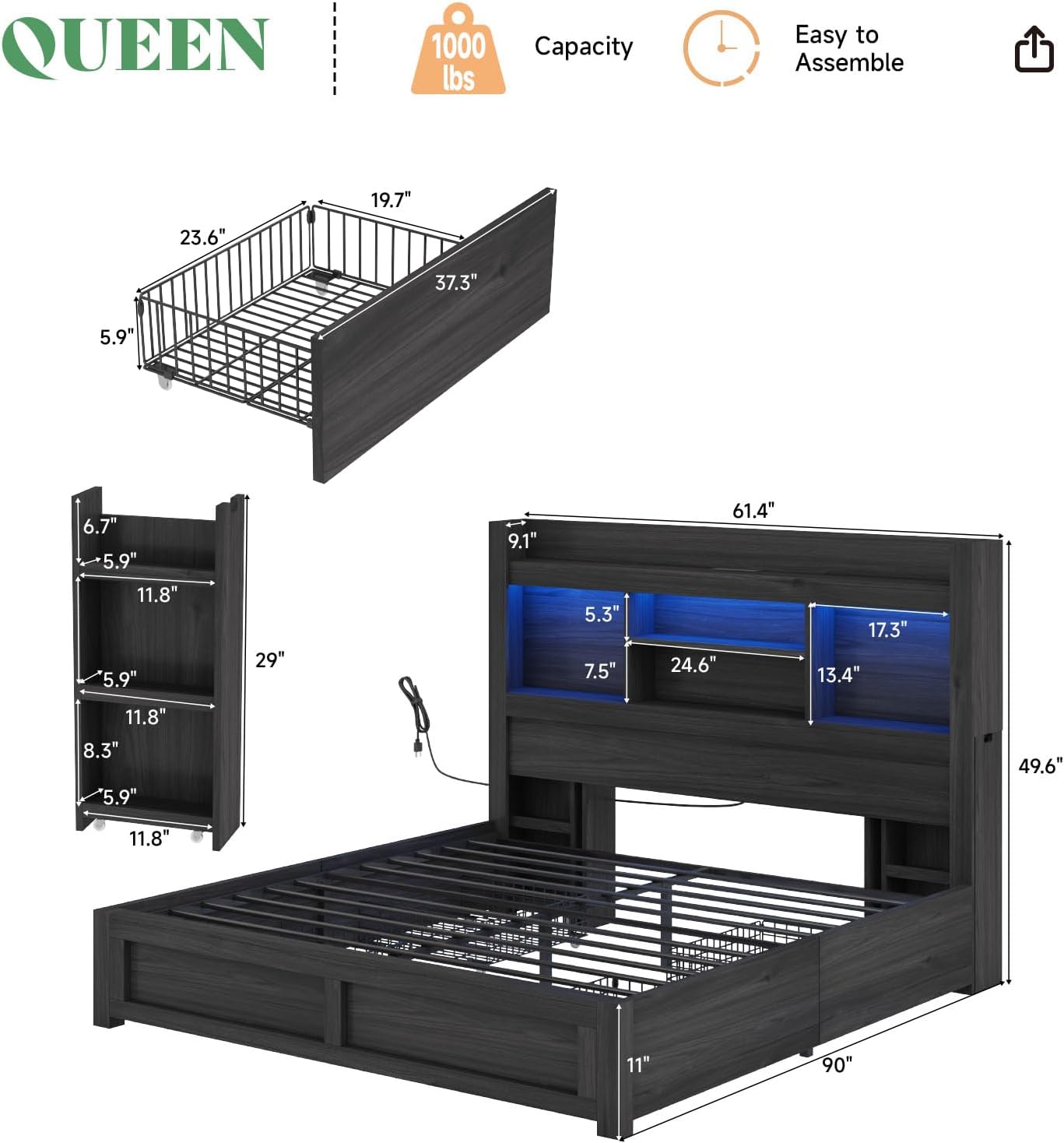 AMERLIFE Queen Bed Frame with 4 Storage Drawers, LED Bed Frame with 49.6 Tall Bookcase Headboard, Wood Platform Bed with Charging Station & 2 Slide Bedside Shelf, No Box Spring Needed/Black