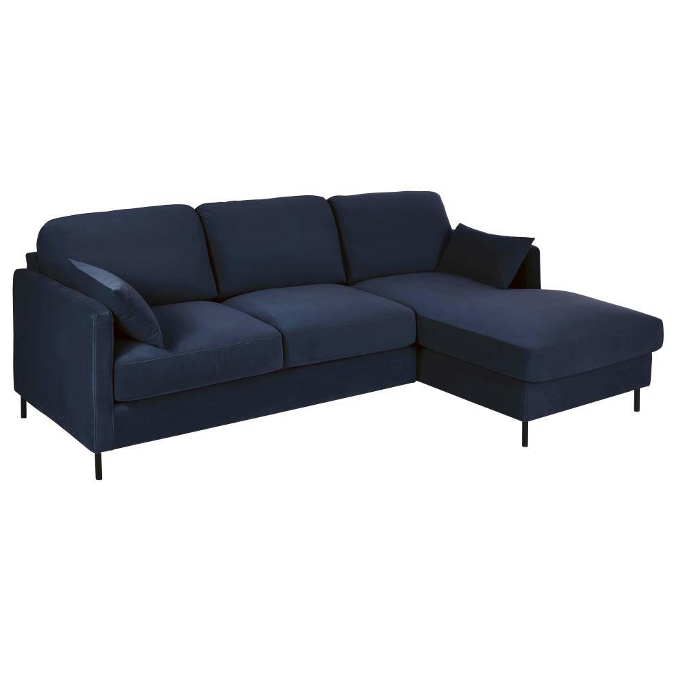 Julian - Canapé d'angle droit 3/4 places en velours bleu nuit