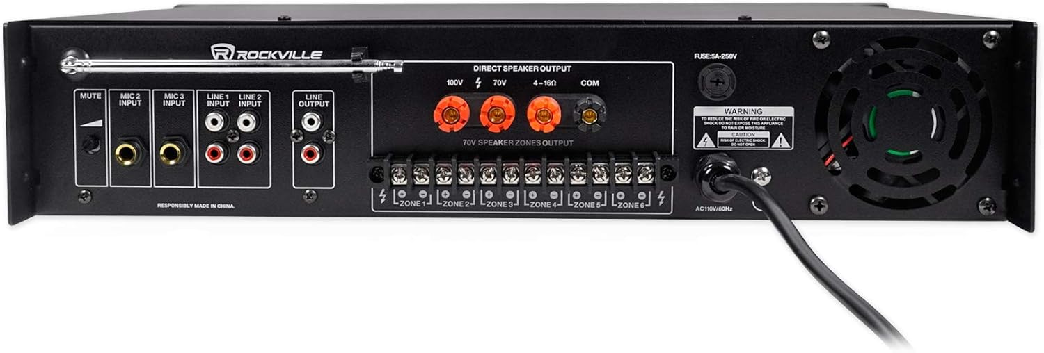Rockville RCS180-6 180W 6-Zone 70v Commercial Amplifier  Bluetooth  USB/SD/RCA  Mic  Optical Inputs  FM  for Restaurants/Offices