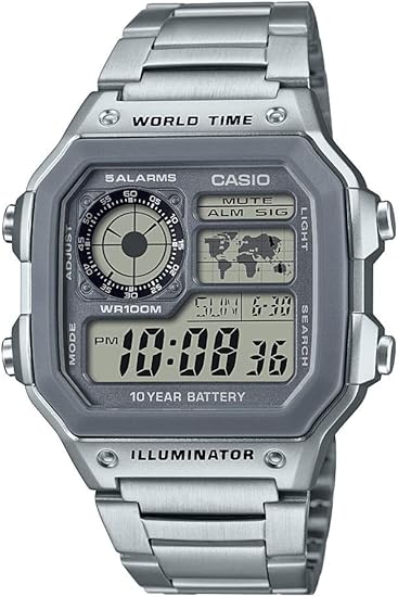 Casio AE1200WH Series | Men’s Digital Watch | 100M WR | Multi Alarms | 100 SEC Stopwatch | Countdown Timer | World Map for World Time | LED Light | LC Analog Display | 10 Year Battery