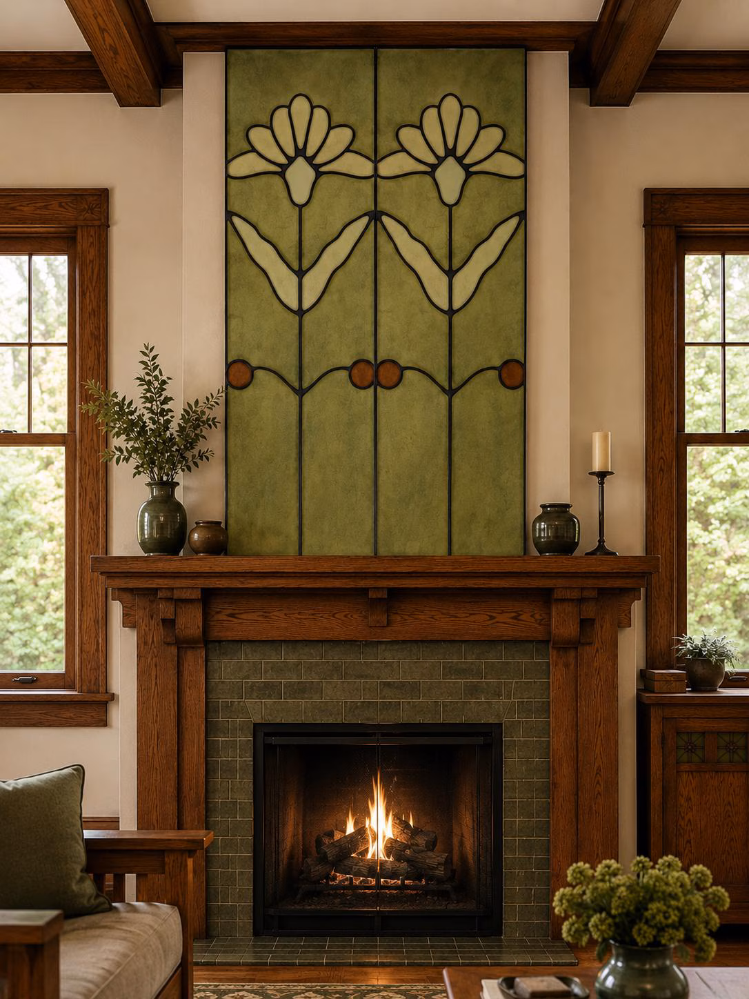 Craftsman Mural | Arts & Crafts Era Fireplace Panel | Bedroom Decor | Removable Wall Mural | Prairie School Botanical