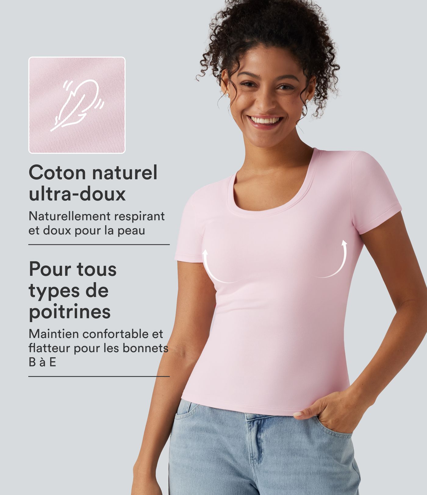 T-shirt en jersey de coton Halara à encolure arrondie dégagée, manches courtes et coussinets amovibles, bonnets B à E