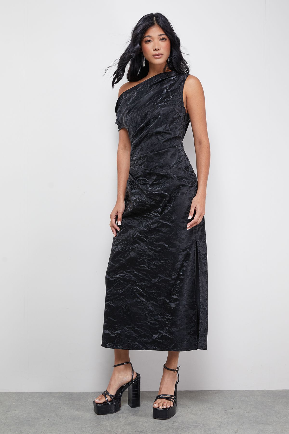 Warehouse Faux Crinkle Leather Fallen Shoulder Ruched Waist Midi Dress